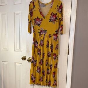 Mustard Floral V-Neck Long Sleeve Midi Dress